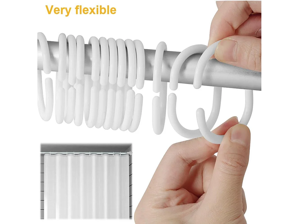 Lot de 24 Anneaux de Rideau de Douche en Plastique Blanc, Crochets C, Pour Tringles Salle de Bain