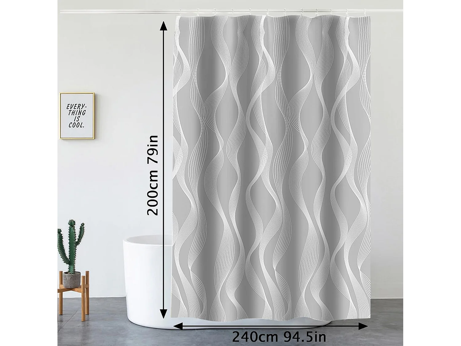 Rideau de douche 240 x 200 cm, rideau de bain en tissu polyester lavable et imperméable avec 12 anneaux, gris