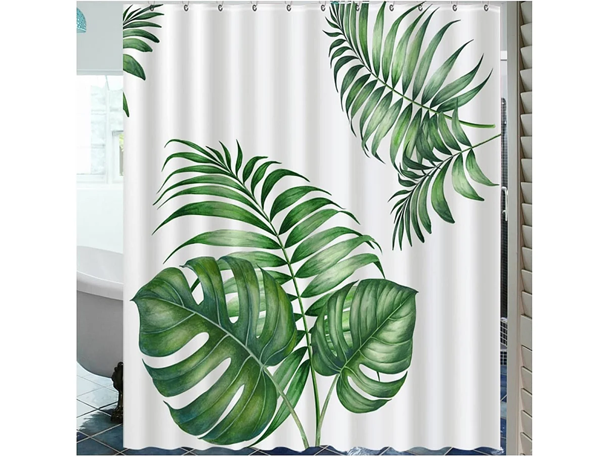 Rideau de douche à motif de feuilles vertes, imperméable et résistant à la moisissure, lavable, avec 12 crochets, 180 x 180 cm