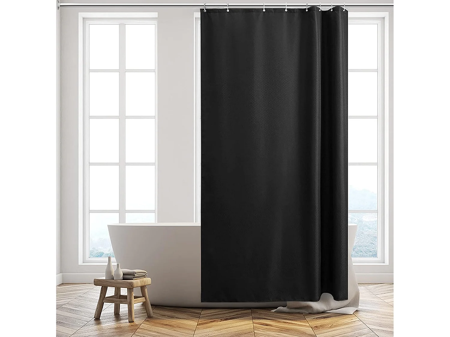 Rideau de douche anti-moisissure,  tissu épais, petit rideau de douche en polyester gaufré noir pour baignoire avec 8 crochets, 180 x 200 cm