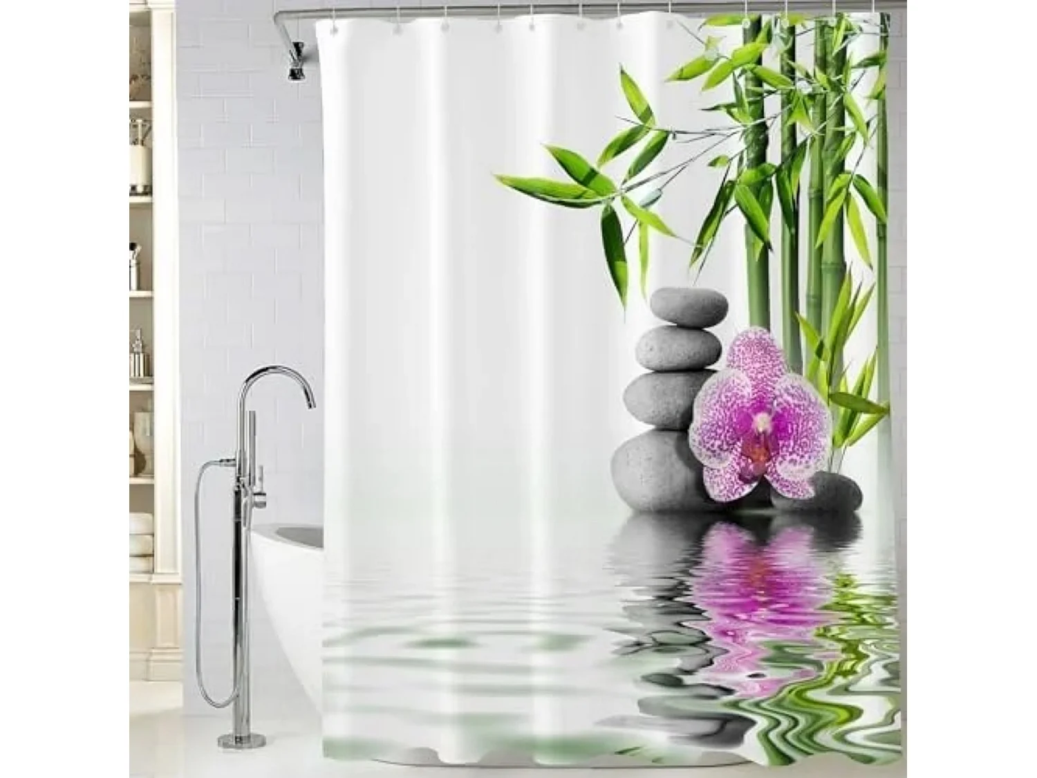 Rideau Douche Anti Moisissure 3D Imprimé Bambou Galet Rideau de Salle Bain 180x200 Blanc Vert