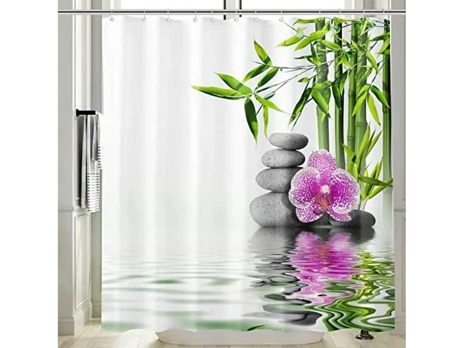 Rideau Douche Anti Moisissure 3D Imprimé Bambou Galet Rideau de Salle Bain 180x200 Blanc Vert