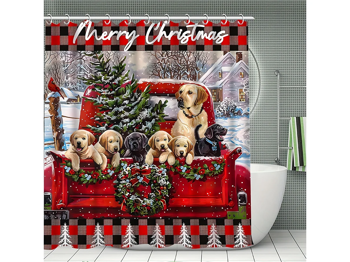 Ensemble de salle de bain 4 pièces motif chiot de Noël : rideau de douche festif, tapis, tapis de toilette en U et housse d'abattant de toilette.