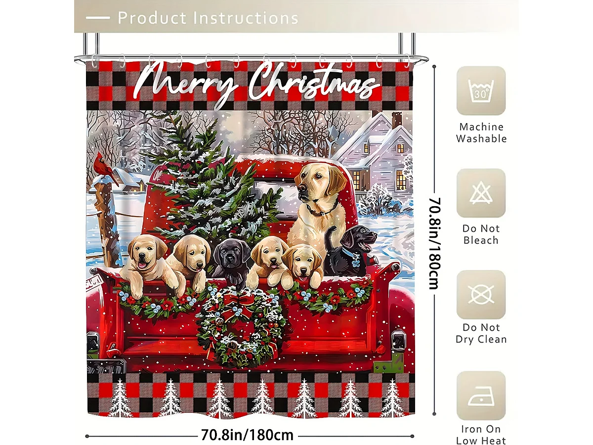 Ensemble de salle de bain 4 pièces motif chiot de Noël : rideau de douche festif, tapis, tapis de toilette en U et housse d'abattant de toilette.