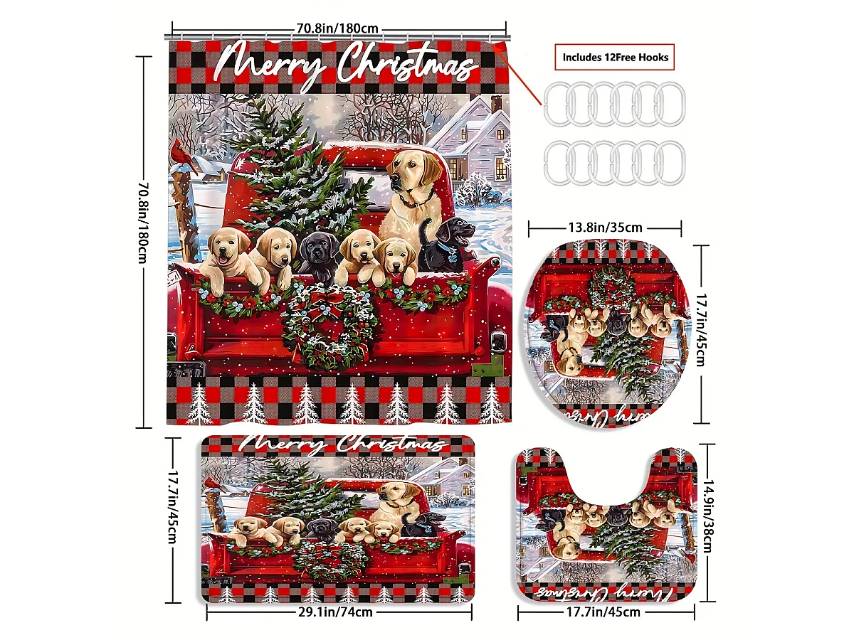 Ensemble de salle de bain 4 pièces motif chiot de Noël : rideau de douche festif, tapis, tapis de toilette en U et housse d'abattant de toilette.