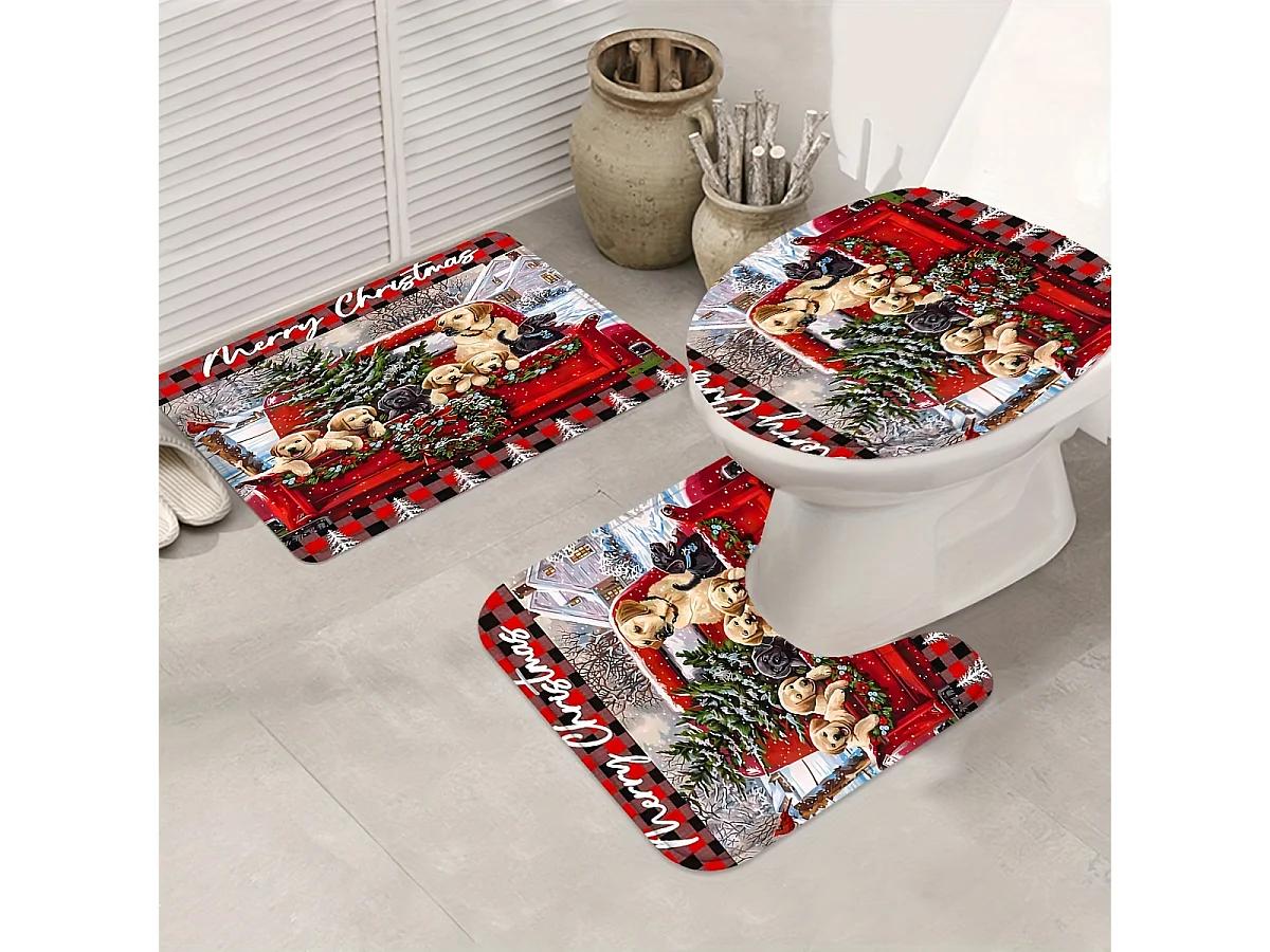 Ensemble de salle de bain 4 pièces motif chiot de Noël : rideau de douche festif, tapis, tapis de toilette en U et housse d'abattant de toilette.