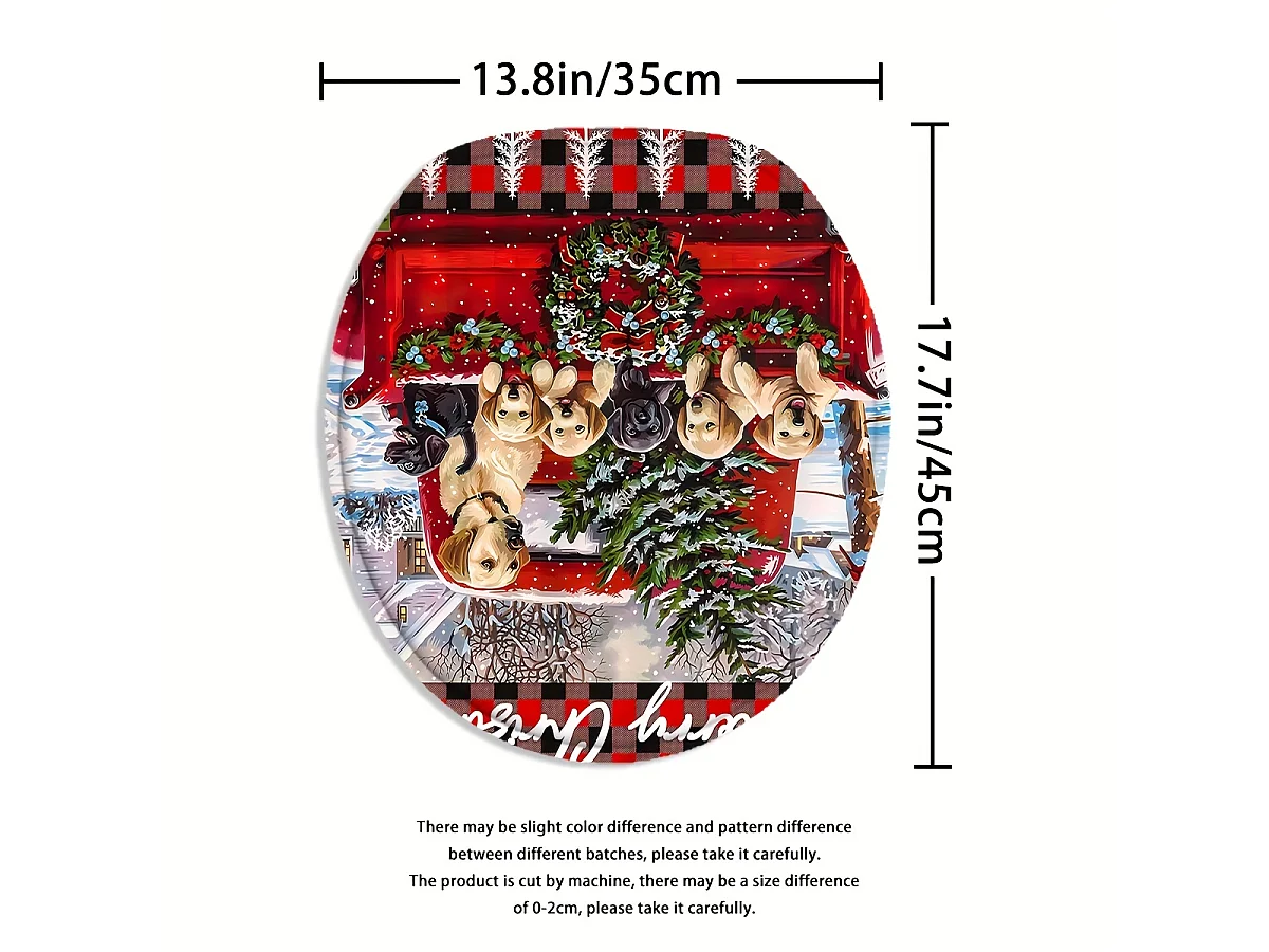 Ensemble de salle de bain 4 pièces motif chiot de Noël : rideau de douche festif, tapis, tapis de toilette en U et housse d'abattant de toilette.