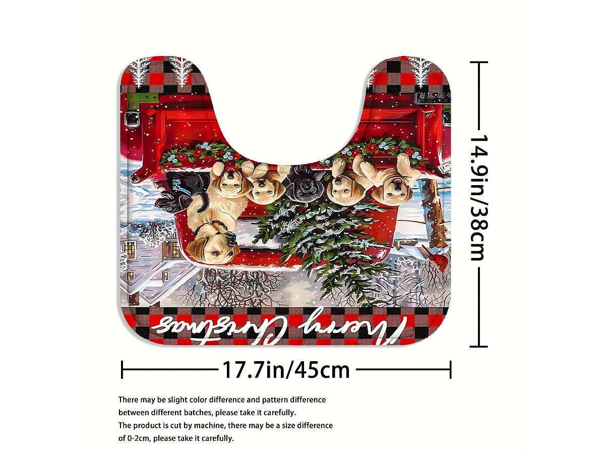 Ensemble de salle de bain 4 pièces motif chiot de Noël : rideau de douche festif, tapis, tapis de toilette en U et housse d'abattant de toilette.