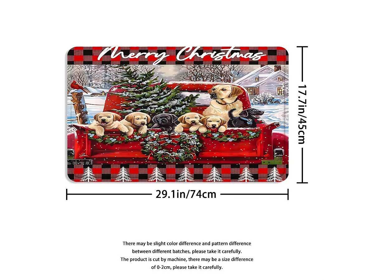 Ensemble de salle de bain 4 pièces motif chiot de Noël : rideau de douche festif, tapis, tapis de toilette en U et housse d'abattant de toilette.