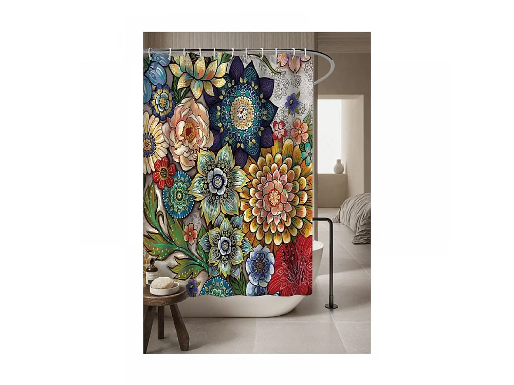 Rideau de douche 180 x 200 cm avec 12 crochets, séchage rapide (fleurs*1）, polyester imperméable