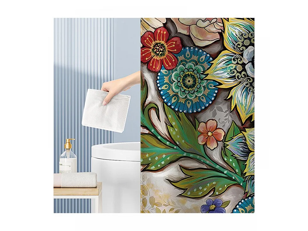 Rideau de douche 180 x 200 cm avec 12 crochets, séchage rapide (fleurs*1）, polyester imperméable