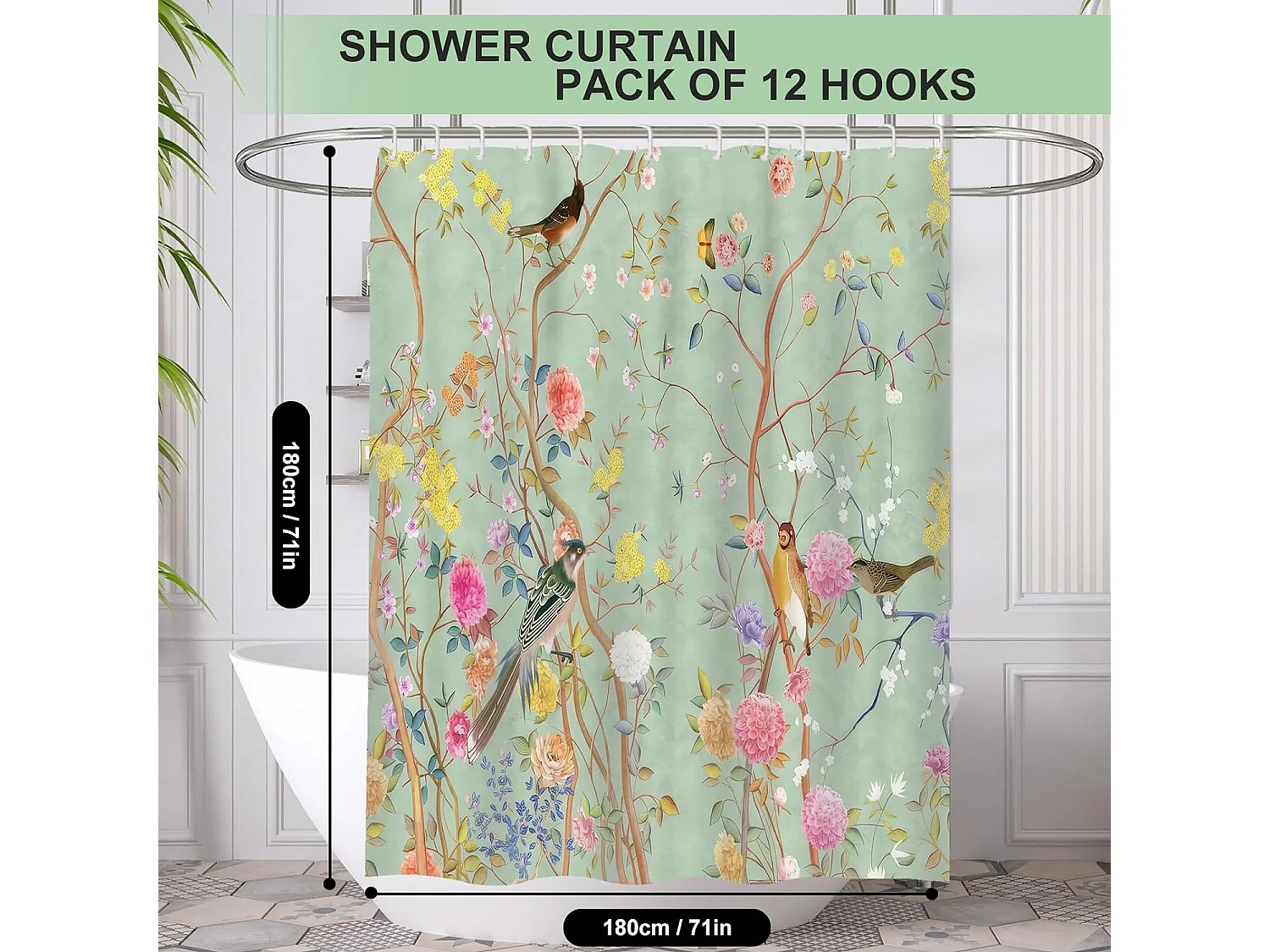 Rideau de douche résistant à la moisissure, imperméable à l'humidité, rideau de douche avec 12 crochets, 180 x 180 cm (fleur d'oiseau papillon)