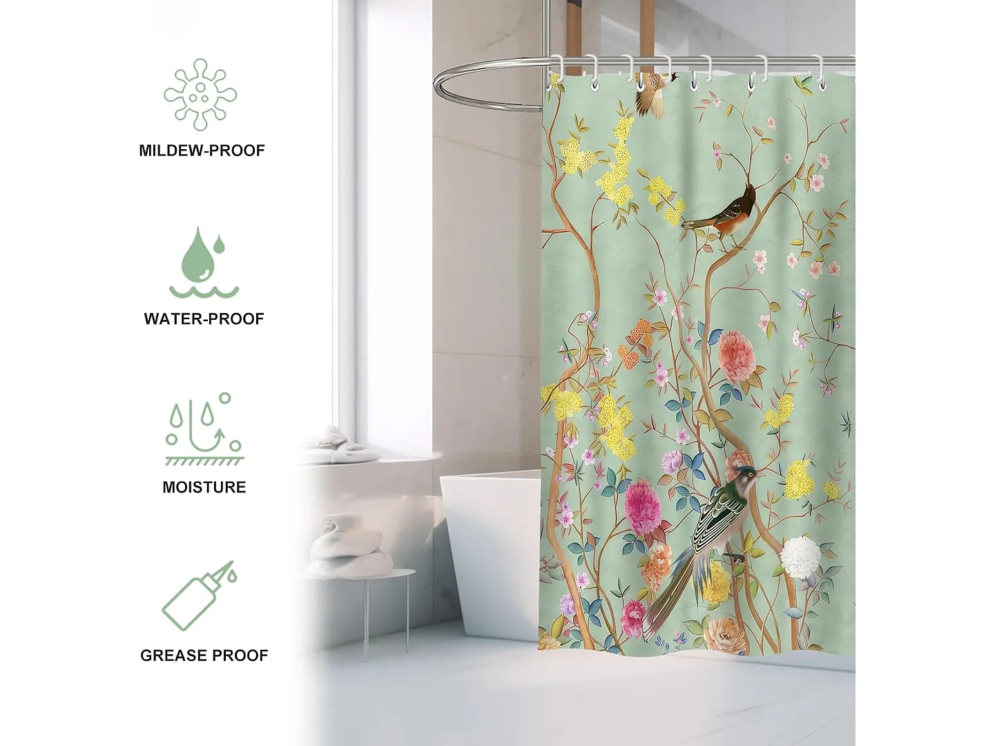 Rideau de douche résistant à la moisissure, imperméable à l'humidité, rideau de douche avec 12 crochets, 180 x 180 cm (fleur d'oiseau papillon)