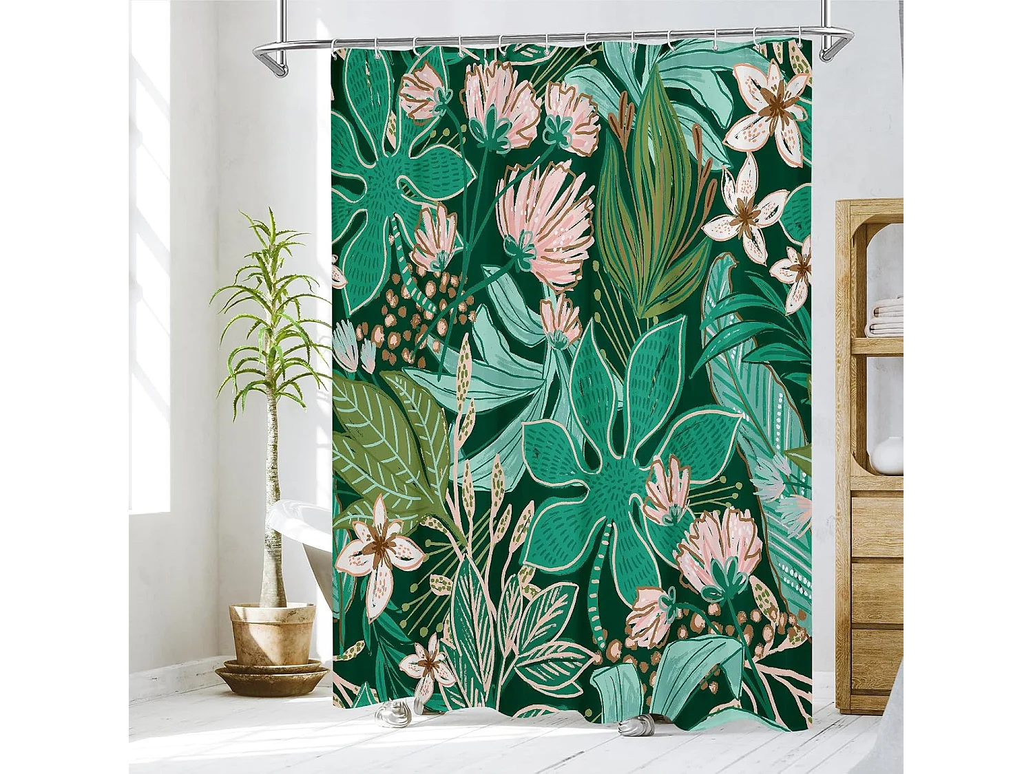 Rideau de douche extra long à motif floral bohème, 180 x 200 cm, rideau de douche pour une décoration de salle de bain élégante