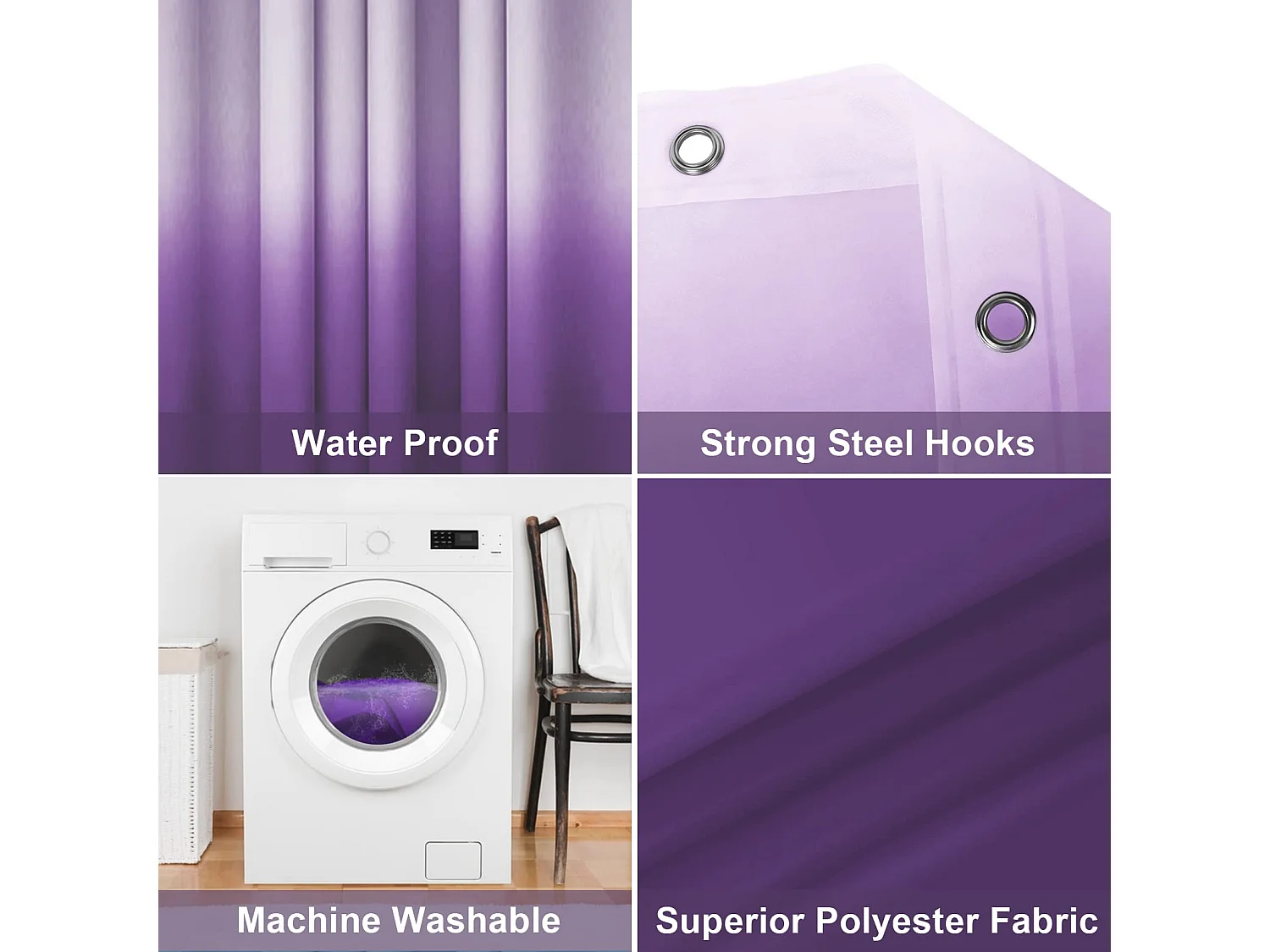 Rideau de douche dégradé violet avec crochets solides, rideaux de bain épais, accessoires de salle de bain, 180 x 180 cm (violet)