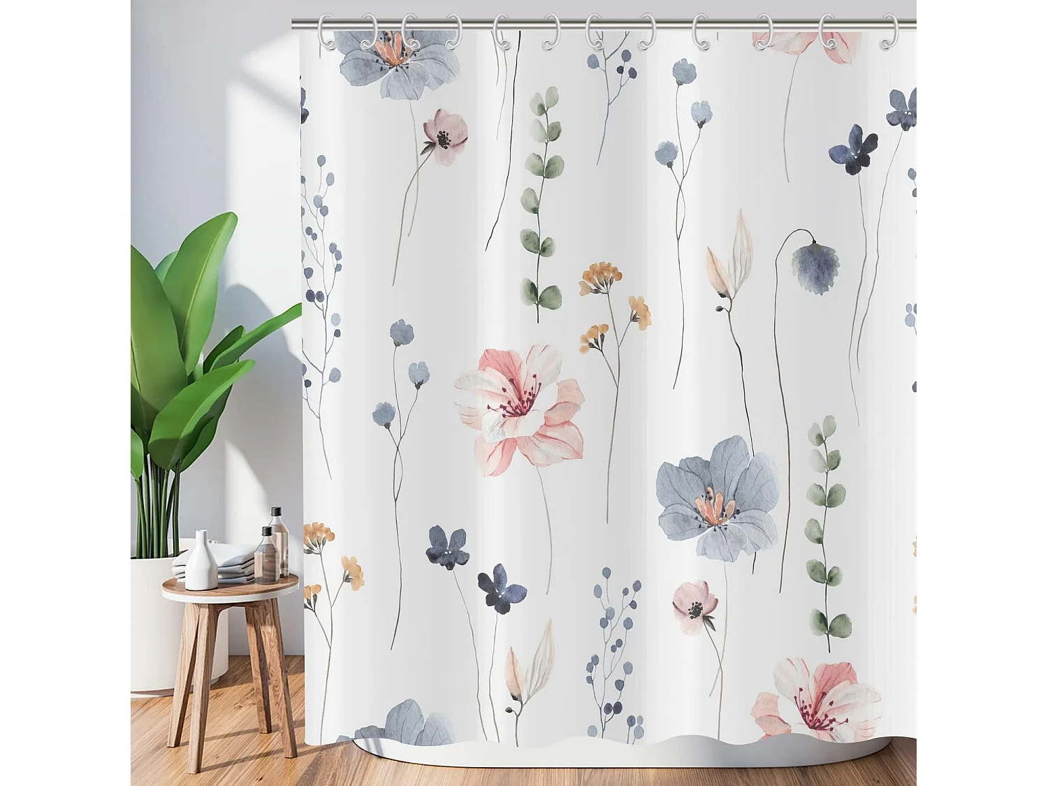 Rideau de douche, 180 x 200 cm, motif fleurs, ourlet lesté, anti-moisissure, déperlant, lavable en polyester pour salle de bain et baignoire
