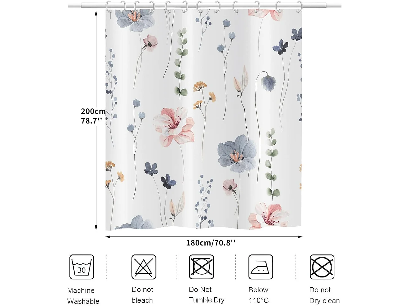 Rideau de douche, 180 x 200 cm, motif fleurs, ourlet lesté, anti-moisissure, déperlant, lavable en polyester pour salle de bain et baignoire