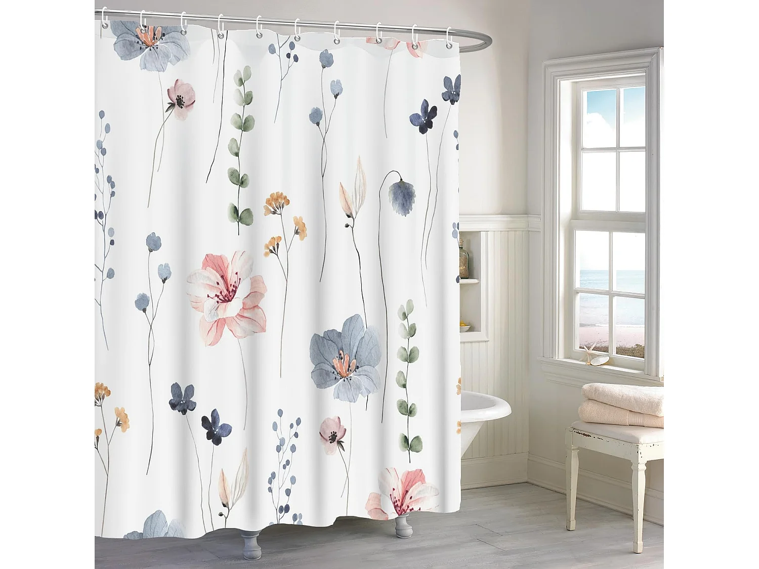 Rideau de douche, 180 x 200 cm, motif fleurs, ourlet lesté, anti-moisissure, déperlant, lavable en polyester pour salle de bain et baignoire