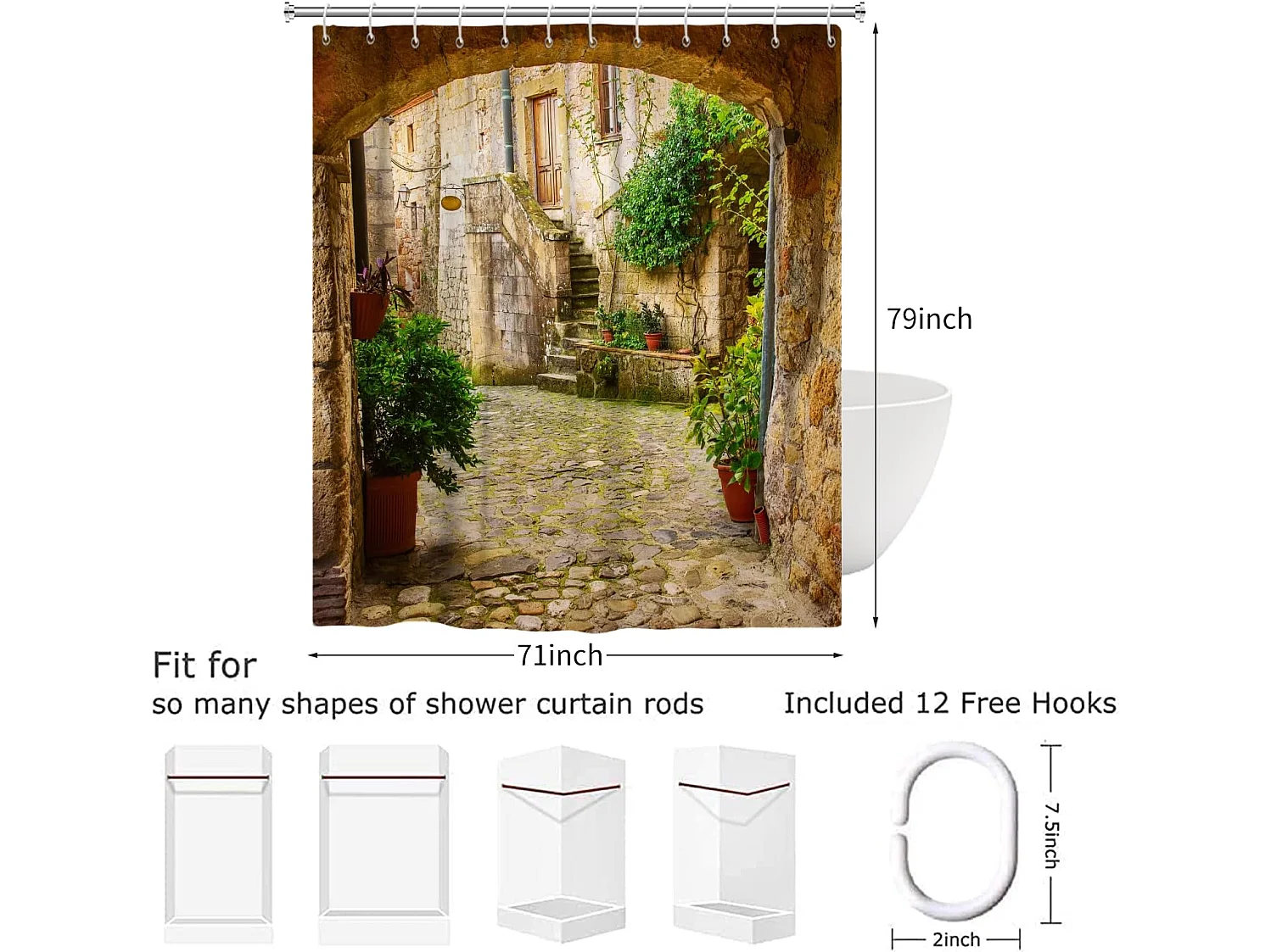 Rideau de Douche 3D 180x200, Jardin Plantes Paysage Avenue Image Rideaux de Douche Italie extérieur Rideau Baignoire imperméable Tissu avec Crochets
