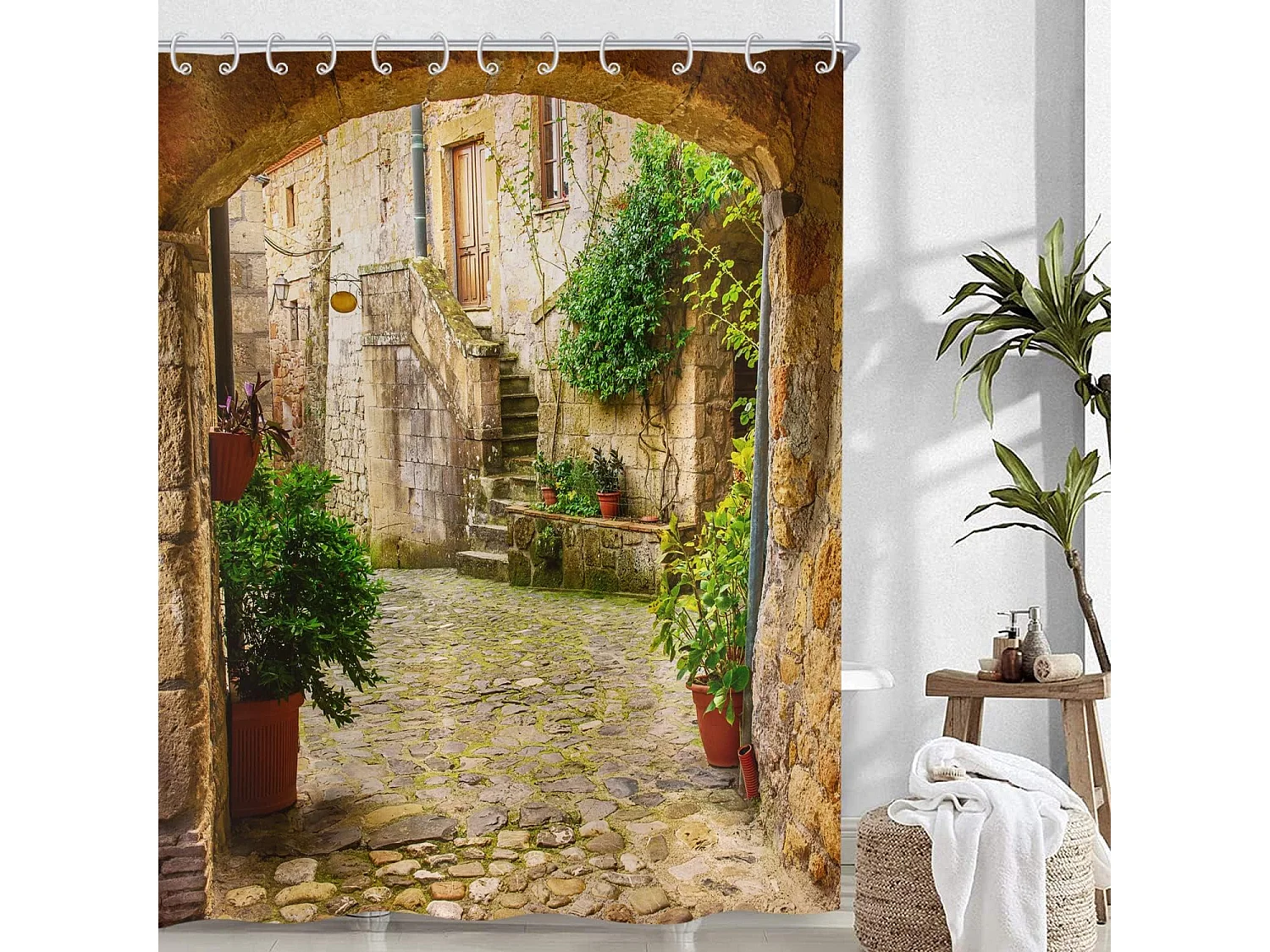 Rideau de Douche 3D 180x200, Jardin Plantes Paysage Avenue Image Rideaux de Douche Italie extérieur Rideau Baignoire imperméable Tissu avec Crochets
