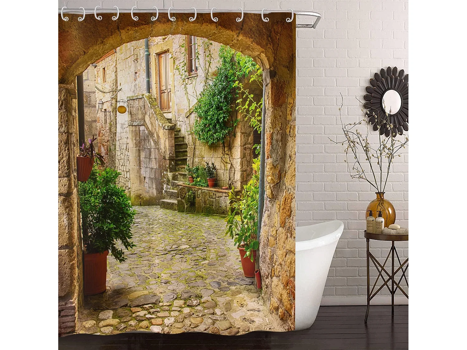 Rideau de Douche 3D 180x200, Jardin Plantes Paysage Avenue Image Rideaux de Douche Italie extérieur Rideau Baignoire imperméable Tissu avec Crochets
