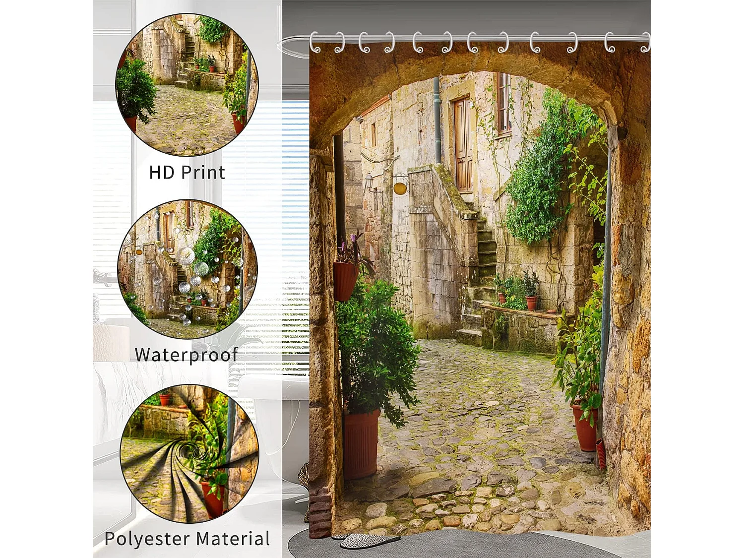 Rideau de Douche 3D 180x200, Jardin Plantes Paysage Avenue Image Rideaux de Douche Italie extérieur Rideau Baignoire imperméable Tissu avec Crochets