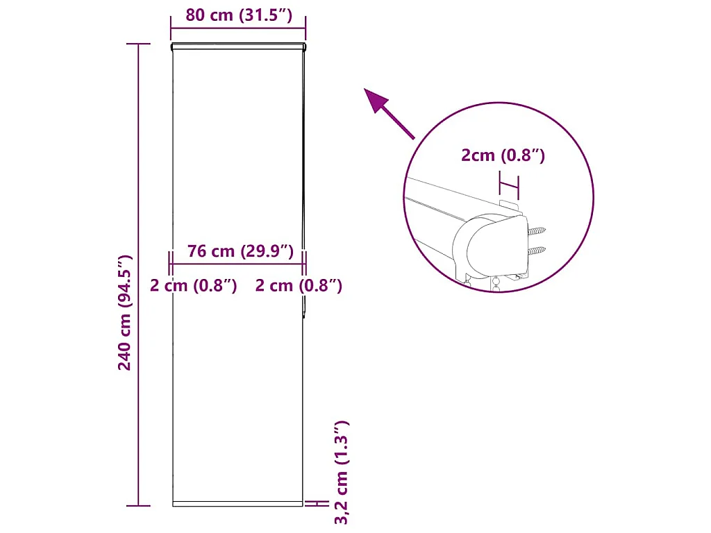 Store enrouleur pour douche avec cassette 80x240cm largeur tissu 76cm