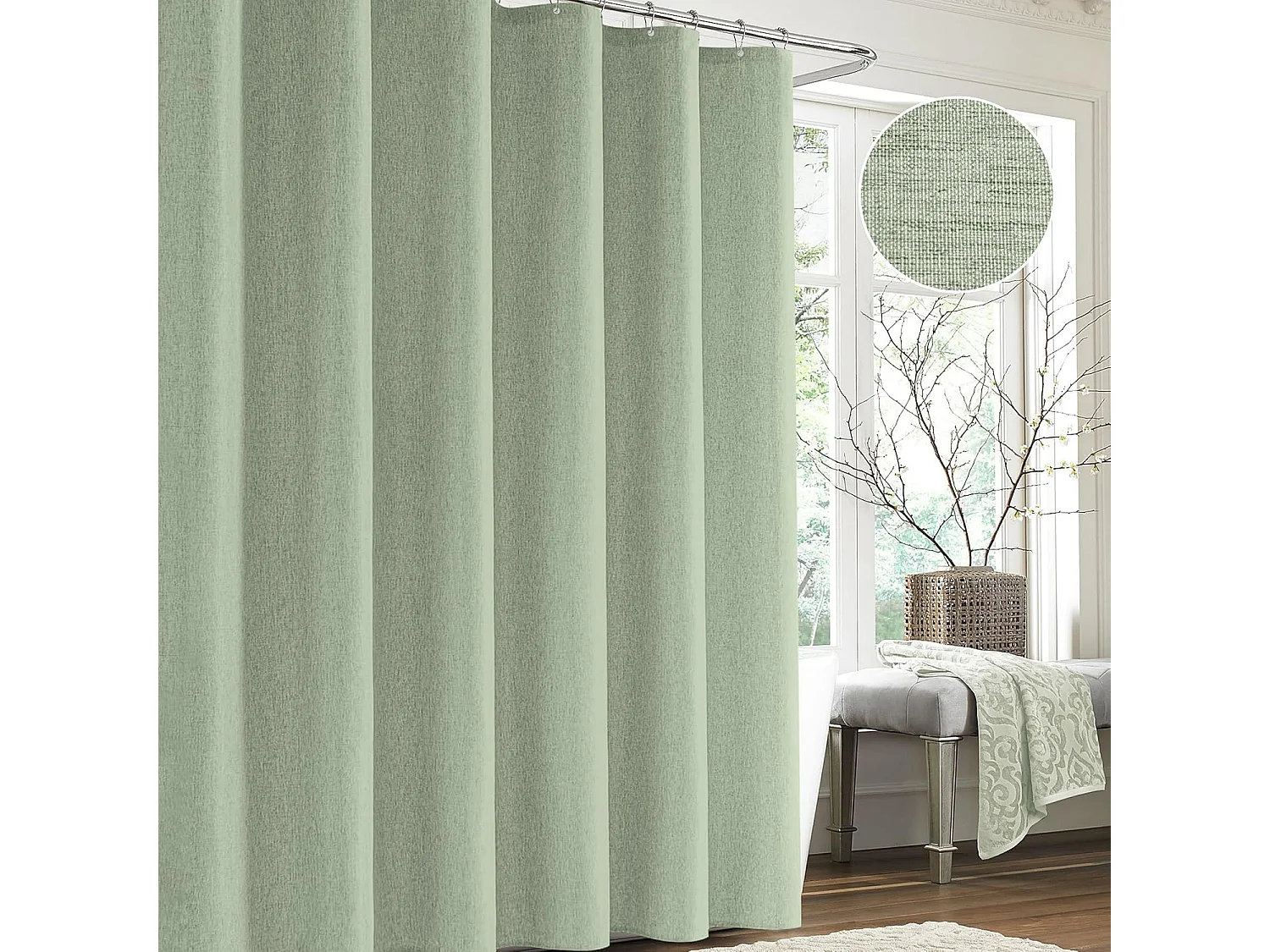 Rideau de douche en lin avec anneaux, imperméable et anti-moisissure, tissu polyester, adapté aux salles de douche – 180 x 200 cm (Vert Sauge)