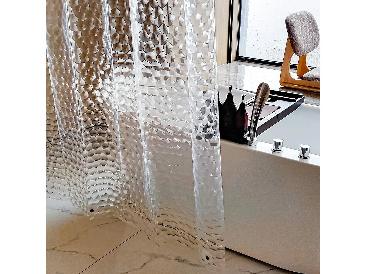 Rideaux de douche, rideau de douche 180 cm x 180 cm blanc motif semi-transparent en tissu PEVA rideau de douche de salle de bain avec crochets