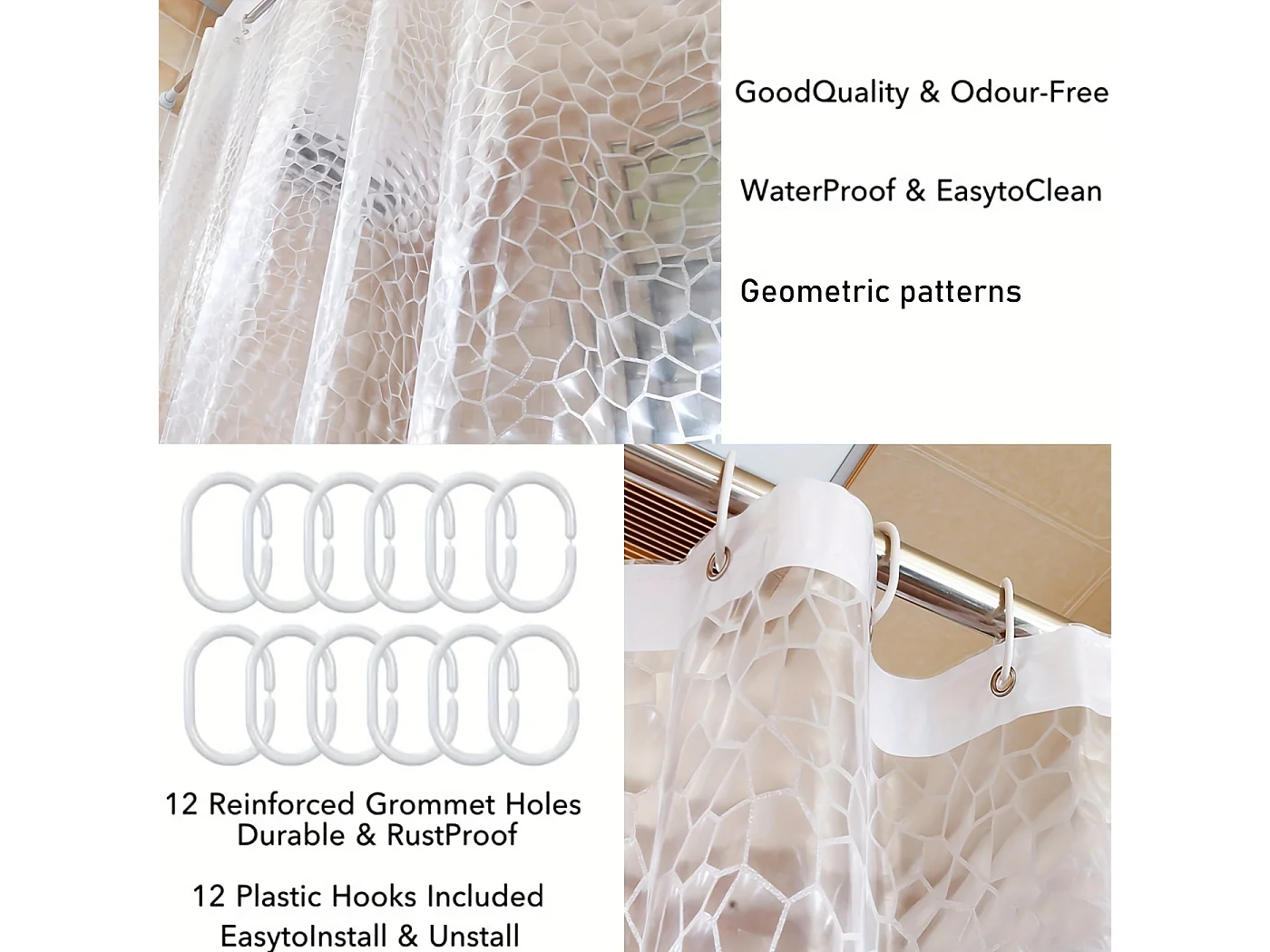 Rideaux de douche, rideau de douche 180 cm x 180 cm blanc motif semi-transparent en tissu PEVA rideau de douche de salle de bain avec crochets