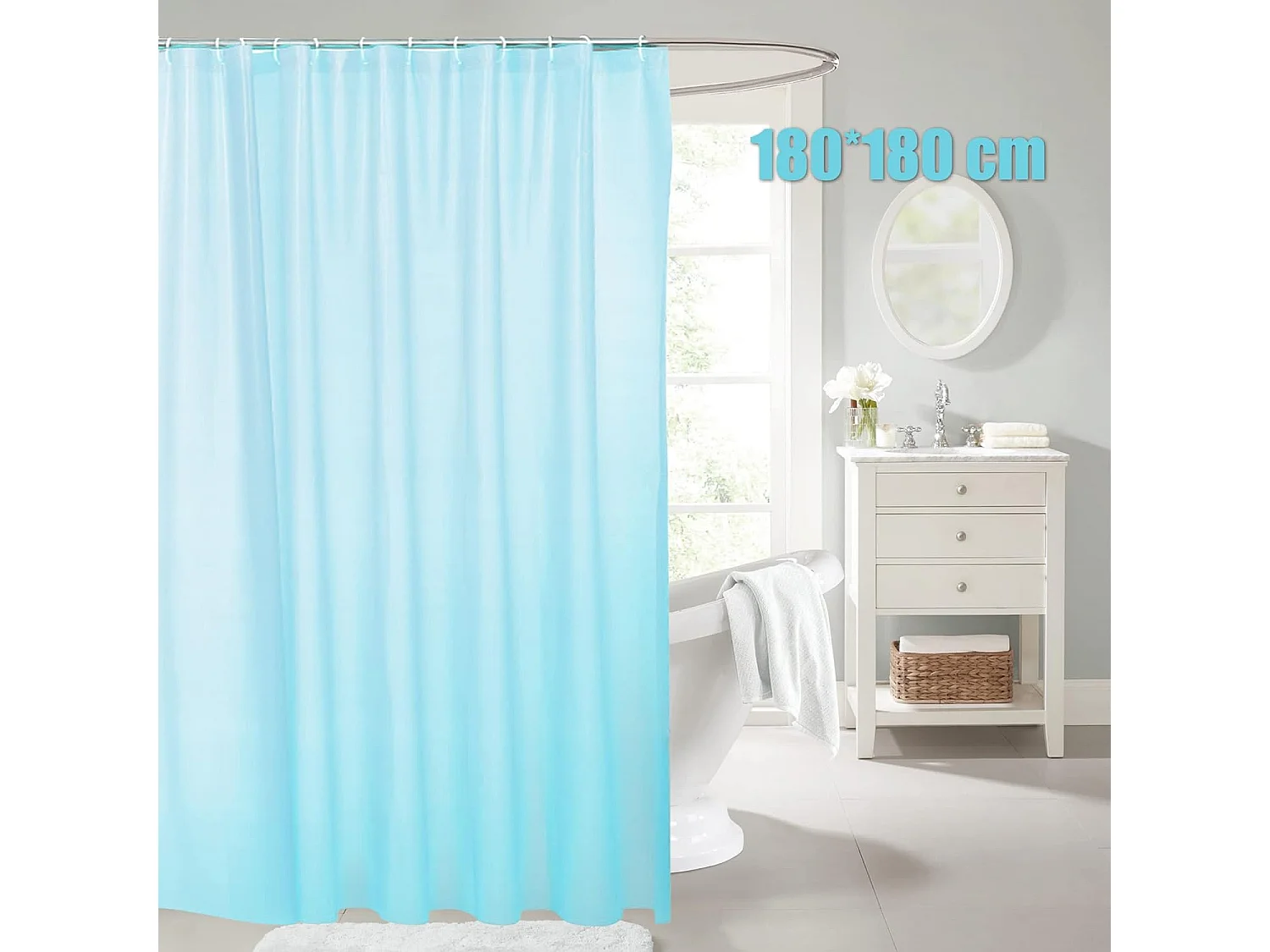 Rideau de douche 180 cm x 180 cm rideau de salle de bain imperméable rideaux de bain lavables avec 12 crochets de rideau (bleu clair)