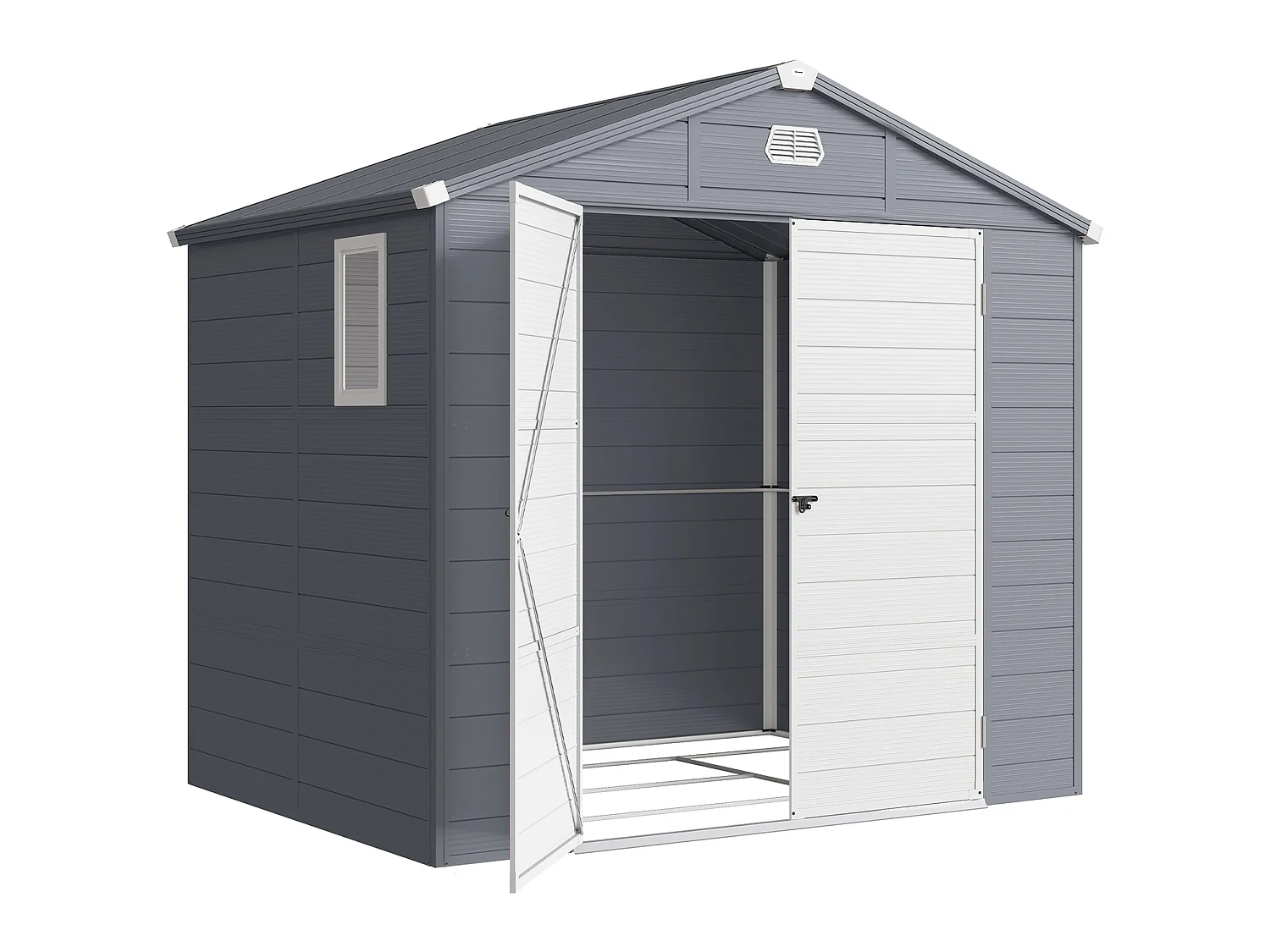 Abri de jardin 4,6 m² résine polypropylène fondation incluse structure alu 240 x 190 x 228 cm 2 portes fenêtre gris