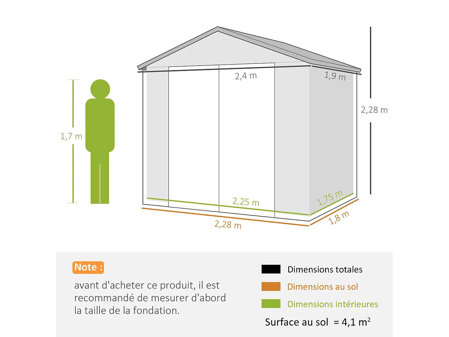 Abri de jardin 4,6 m² résine polypropylène fondation incluse structure alu 240 x 190 x 228 cm 2 portes fenêtre gris
