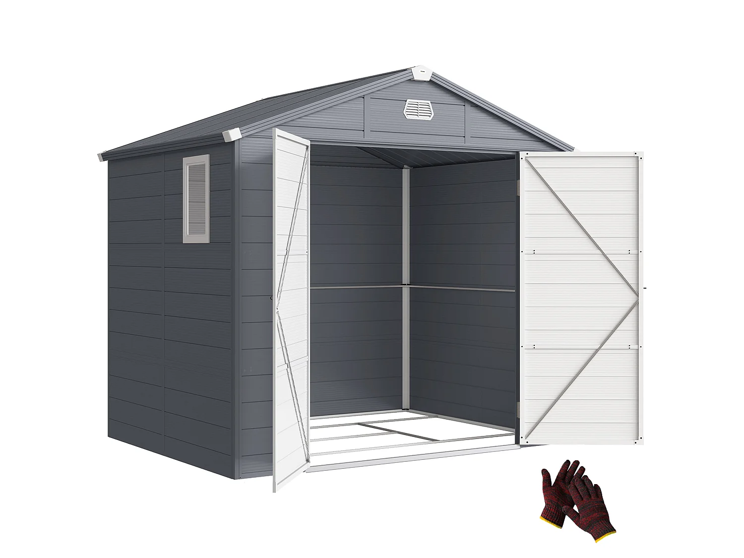 Abri de jardin 4,6 m² résine polypropylène fondation incluse structure alu 240 x 190 x 228 cm 2 portes fenêtre gris