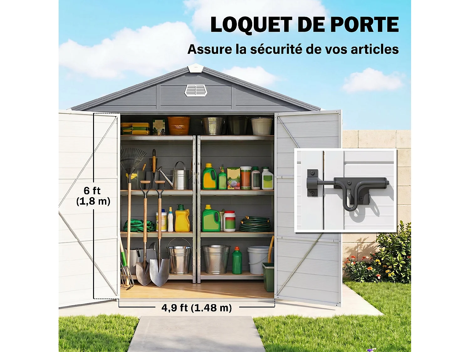 Abri de jardin 4,6 m² résine polypropylène fondation incluse structure alu 240 x 190 x 228 cm 2 portes fenêtre gris