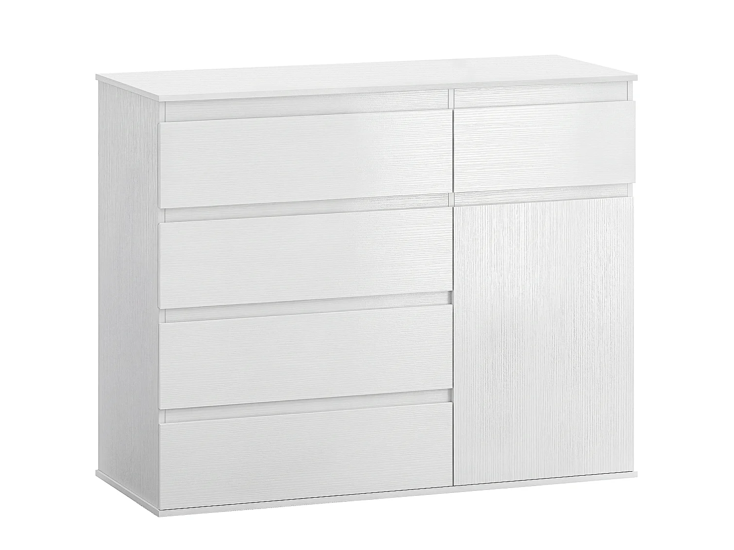 Buffet salon 5 tiroirs étagère porte effet bois blanc