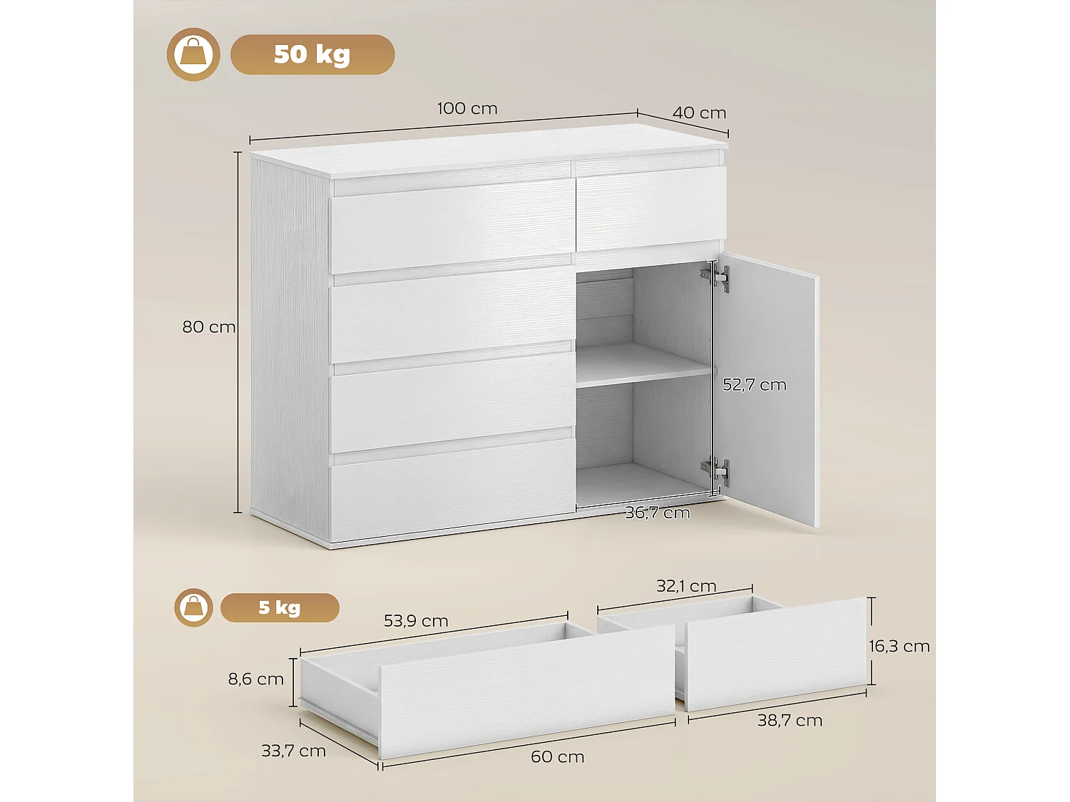 Buffet salon 5 tiroirs étagère porte effet bois blanc