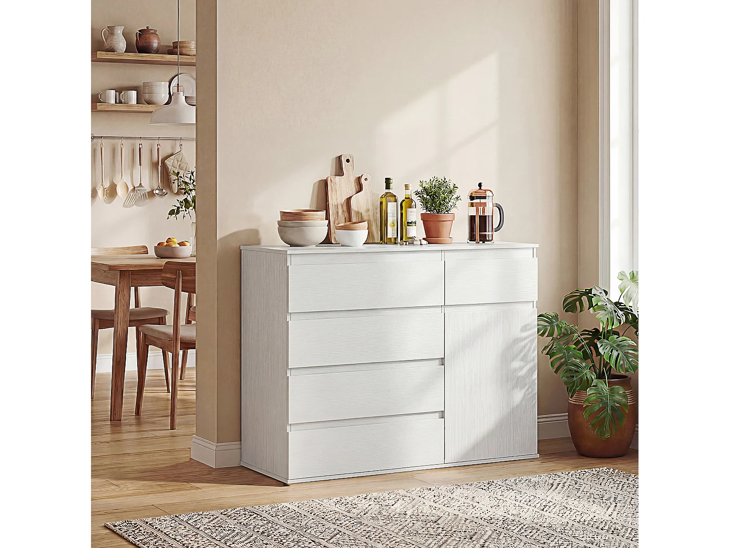 Buffet salon 5 tiroirs étagère porte effet bois blanc
