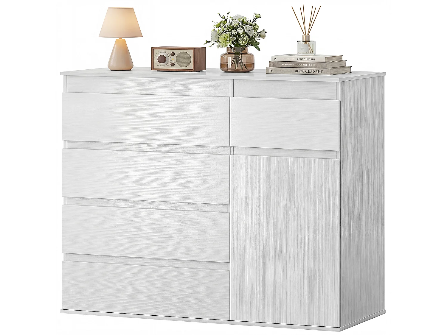 Buffet salon 5 tiroirs étagère porte effet bois blanc