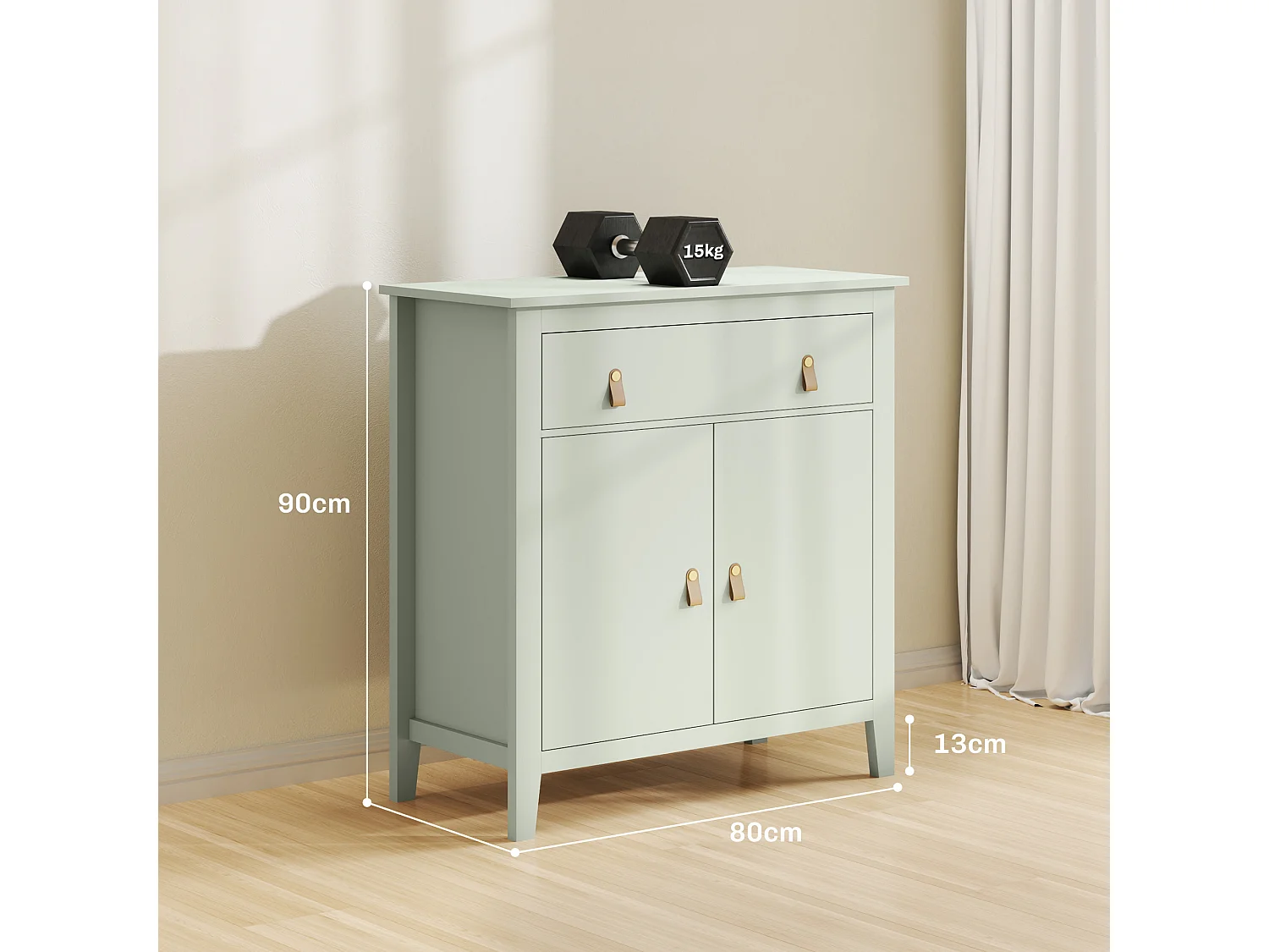 Buffet 2 portes étagère tiroir poignées lanières aspect cuir dim. 80 x 40 x 90 cm vert d'eau