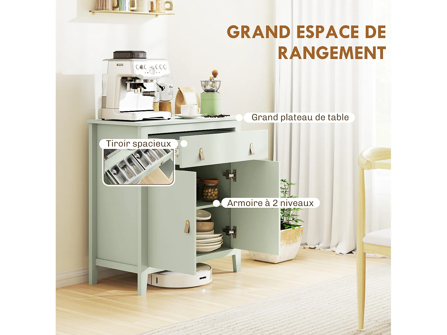 Buffet 2 portes étagère tiroir poignées lanières aspect cuir dim. 80 x 40 x 90 cm vert d'eau