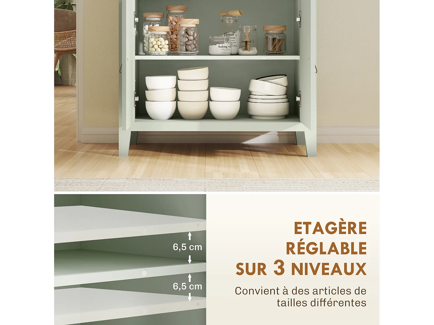 Buffet 2 portes étagère tiroir poignées lanières aspect cuir dim. 80 x 40 x 90 cm vert d'eau