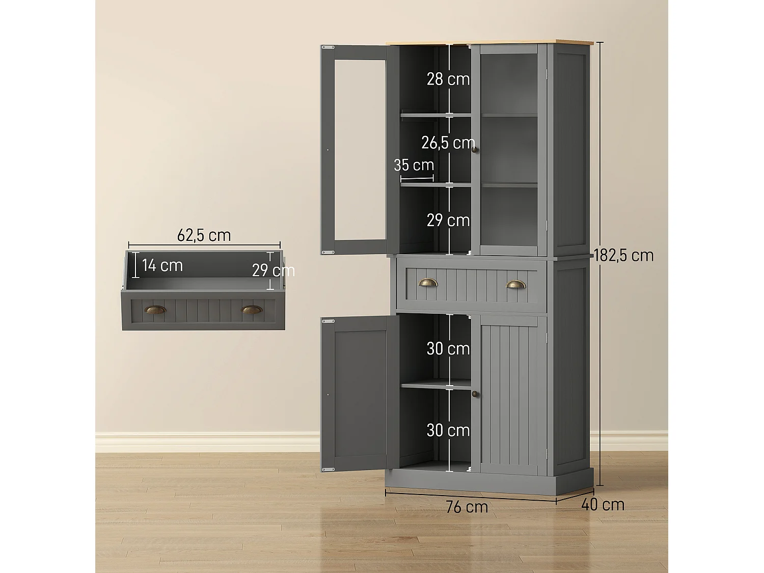 Armoire de cuisine buffet haut 4 portes grand tiroir coulissant dim. 76L x 40l x 182H cm panneaux gris verre
