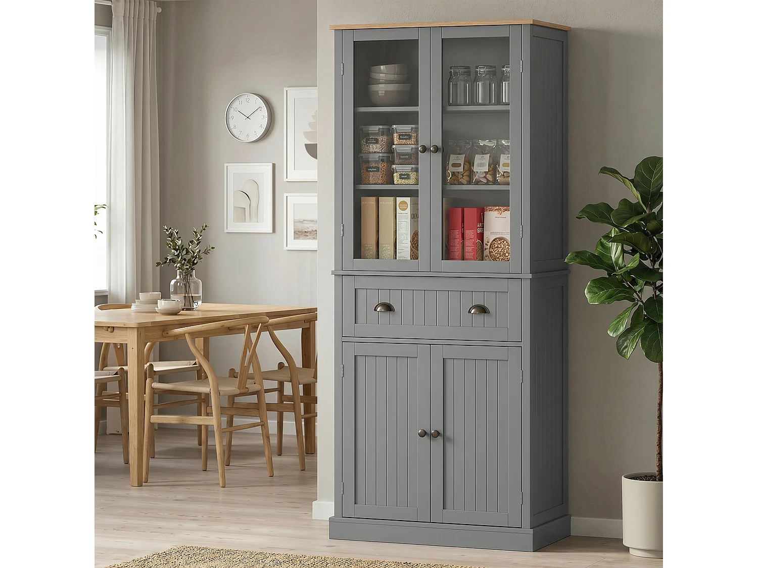 Armoire de cuisine buffet haut 4 portes grand tiroir coulissant dim. 76L x 40l x 182H cm panneaux gris verre