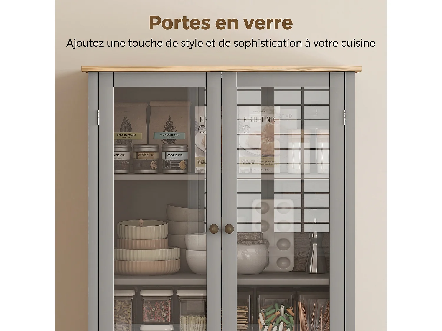 Armoire de cuisine buffet haut 4 portes grand tiroir coulissant dim. 76L x 40l x 182H cm panneaux gris verre