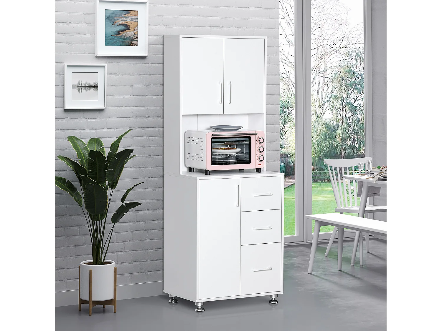 Armoire de cuisine multi-rangement 2 + 1 porte 3 tiroirs + grand plateau blanc