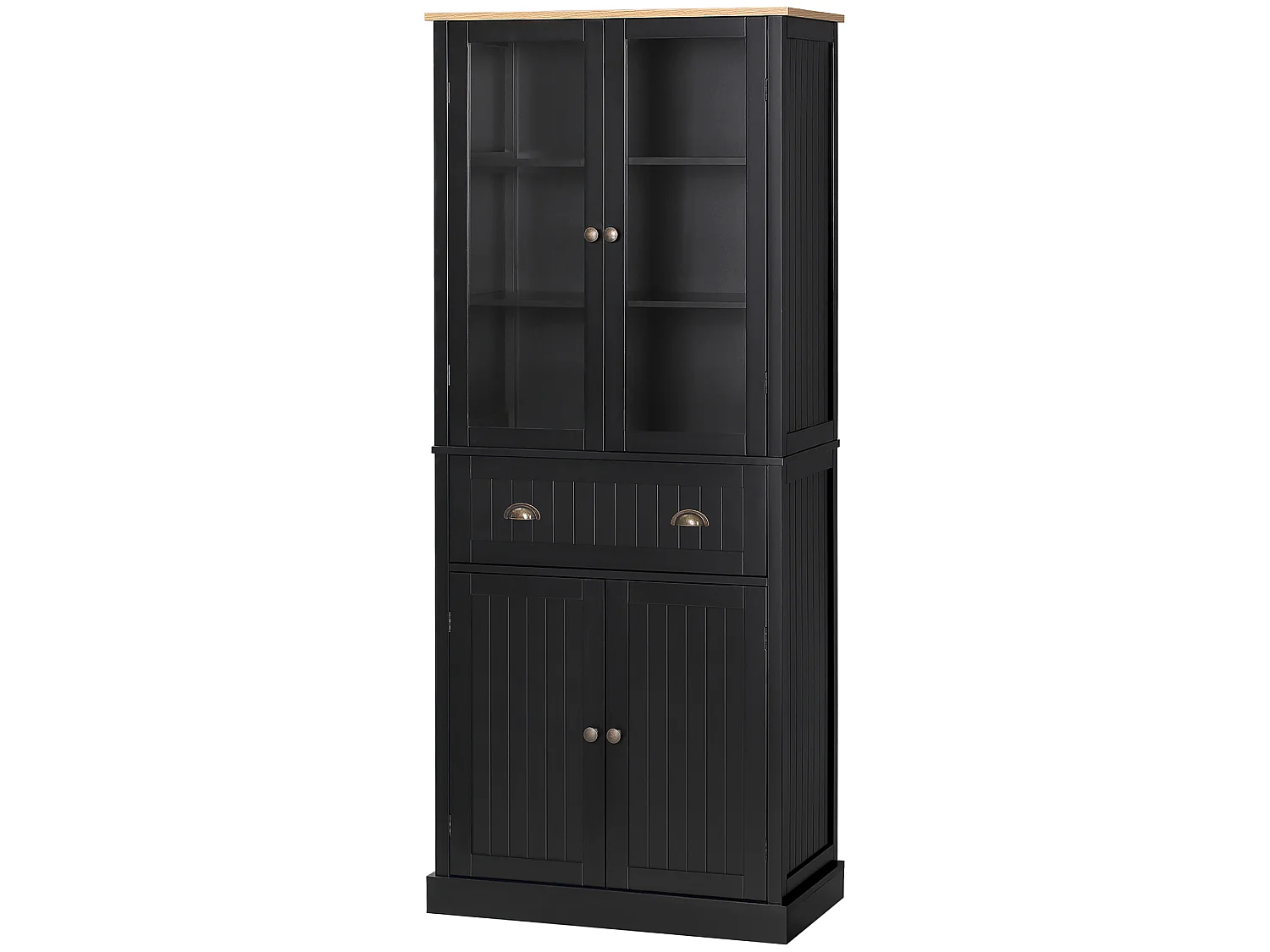Armoire de cuisine buffet haut 4 portes grand tiroir coulissant dim. 76L x 40l x 182H cm panneaux noir verre