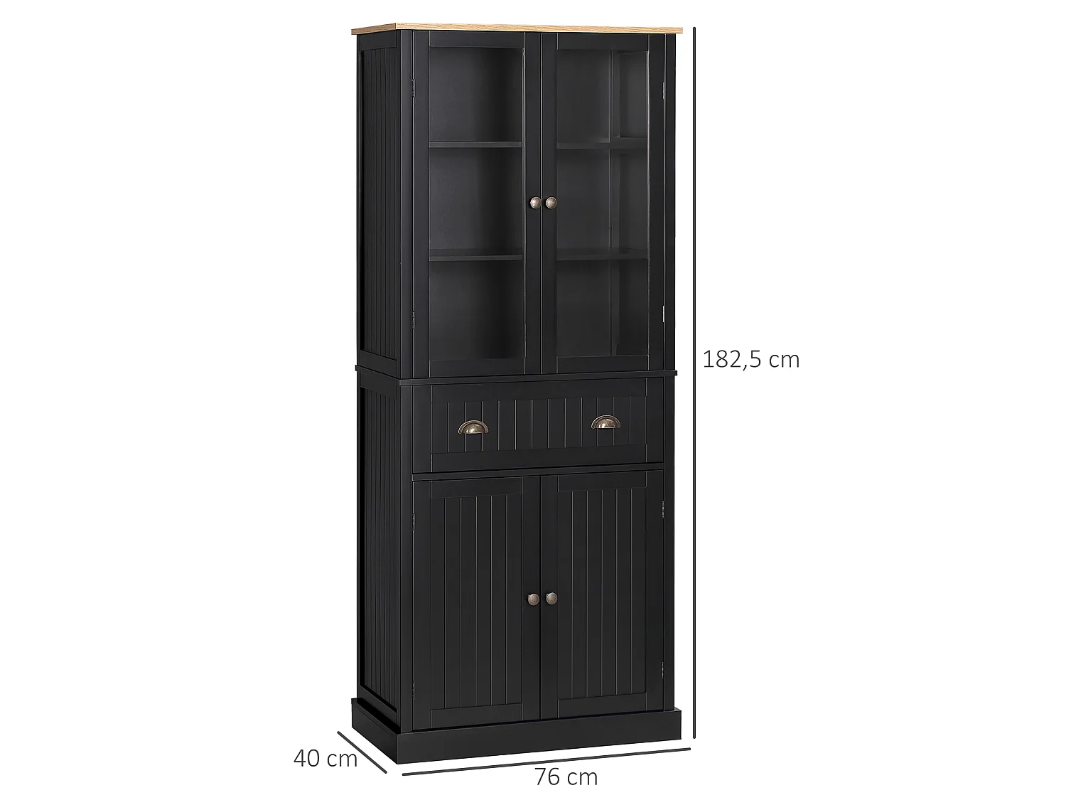 Armoire de cuisine buffet haut 4 portes grand tiroir coulissant dim. 76L x 40l x 182H cm panneaux noir verre