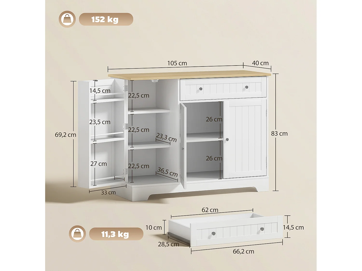 Buffet cuisine 3 portes 6 étagères tiroir coulissant dim. 105 x 40 x 83 cm effet bois clair blanc