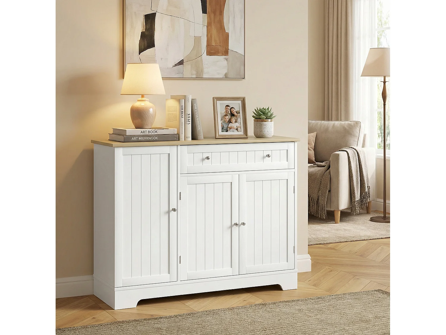 Buffet cuisine 3 portes 6 étagères tiroir coulissant dim. 105 x 40 x 83 cm effet bois clair blanc
